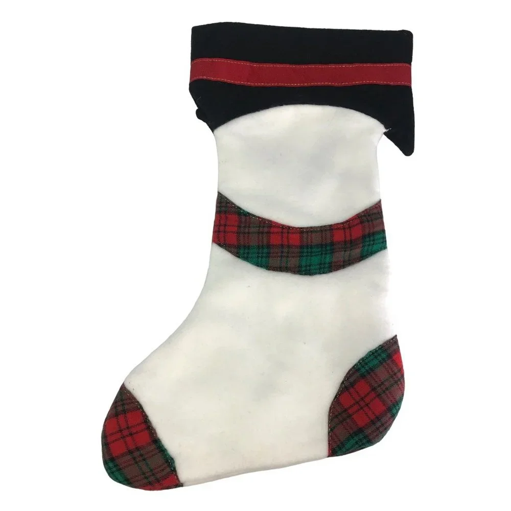 Handmade Snowman Christmas Stocking White Fleece Black Red Green Plaid - Picture 4 of 4
